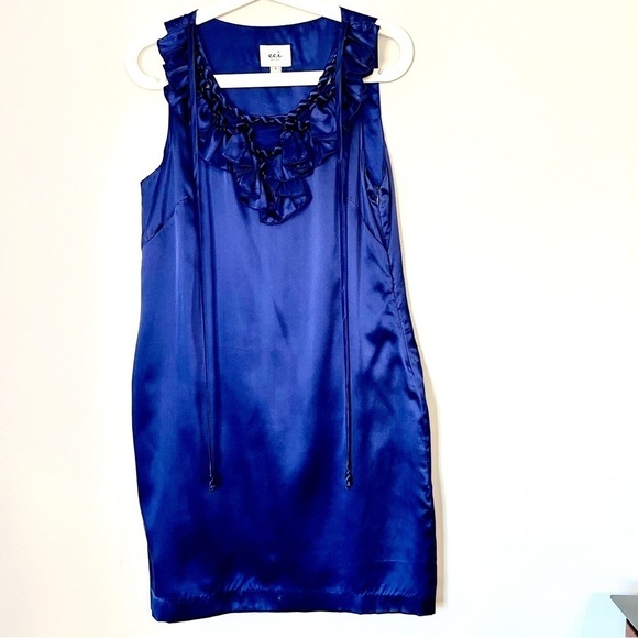ECI New York Size 8 Blue Silk Satin Dress Ruffle Neckline Embellished Romantic - Picture 1 of 10